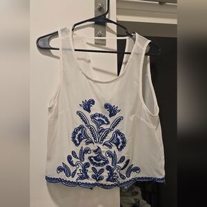White and Blue Embroidered Women's Top